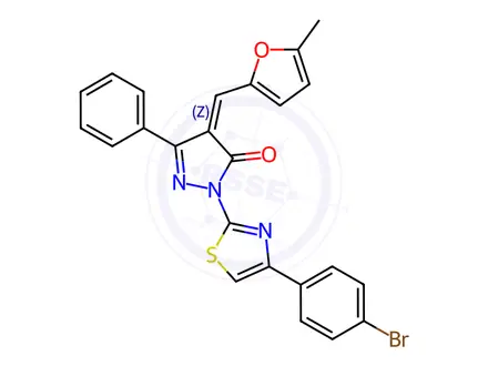 Chemical structure of (4Z)-2-[4-(4-bromophenyl)-1,3-thiazol-2-yl]-4-[(5-methylfuran-2-yl)methylidene]-5-phenyl-2,4-dihydro-3H-pyrazol-3-one
