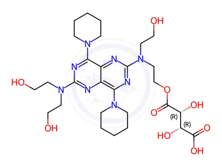 Chemical structure of rel-(2R,3R)-4-(2-((6-(Bis(2-hydroxyethyl)amino)-4,8-di(piperidin-1-yl)pyrimido[5,4-d]pyrimidin-2-yl)(2-hydroxyethyl)amino)ethoxy)-2,3-dihydroxy-4-oxobutanoic Acid