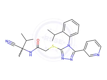 Chemical structure of N-(2-Cyano-3-methylbutan-2-yl)-2-((4-(2-isopropylphenyl)-5-(pyridin-3-yl)-4H-1,2,4-triazol-3-yl)thio)acetamide