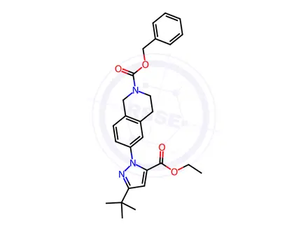 Chemical structure of Benzyl 6-(3-(tert-butyl)-5-(ethoxycarbonyl)-1H-pyrazol-1-yl)-3,4-dihydroisoquinoline-2(1H)-carboxylate