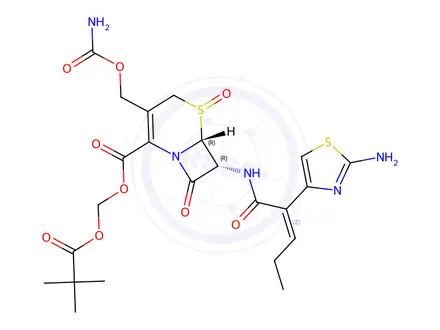 Chemical structure of (6R,7R)-(pivaloyloxy)methyl 7-((Z)-2-(2-aminothiazol-4-yl)pent-2-enamido)-3-((carbamoyloxy)methyl)-8-oxo-5-thia-1-azabicyclo[4.2.0]oct-2-ene-2-carboxylate 5-oxide
