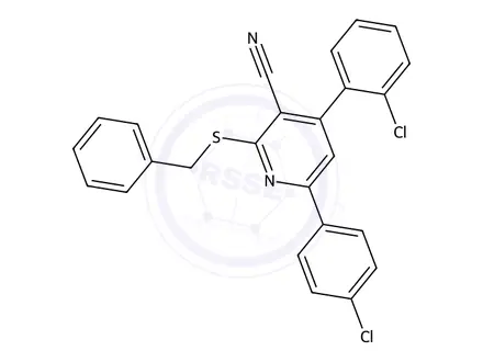 Chemical structure of 2-(Benzylthio)-4-(2-chlorophenyl)-6-(4-chlorophenyl)nicotinonitrile