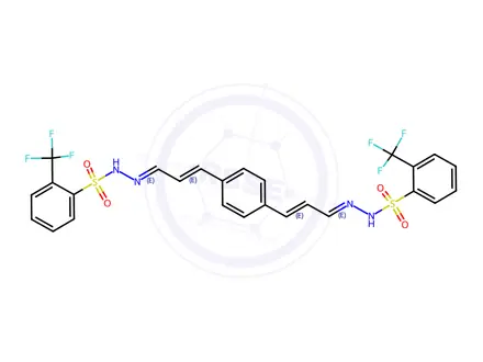 Chemical structure of (N',N''E,N',N''E)-N',N''-((2E,2'E)-1,4-Phenylenebis(prop-2-en-3-yl-1-ylidene))bis(2-(trifluoromethyl)benzenesulfonohydrazide)