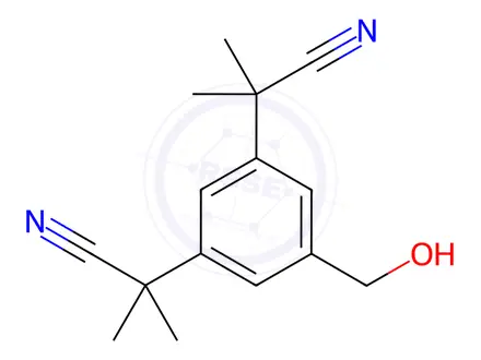 Chemical structure of Anastrozole EP Impurity E (2-[3-(Cyanodimethylmethyl)-5-hydroxymethylphenyl]-2-methylpropionitrile)
