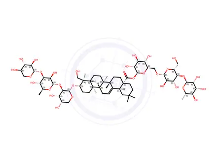 Chemical structure of Olean-12-en-28-oic acid, 23-hydroxy-3-[(O-β-D-xylopyranosyl-(1→3)-O-6-deoxy-α-L-mannopyranosyl-(1→2)-α-L-arabinopyranosyl)oxy]-, O-6-deoxy-α-L-mannopyranosyl-(1→4)-O-β-D-glucopyranosyl-(1→6)-β-D-glucopyranosyl ester, (3β,4α)-