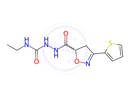 Chemical structure of N-[(Ethylcarbamoyl)amino]-3-(thiophen-2-yl)-4,5-dihydro-1,2-oxazole-5-carboxamide