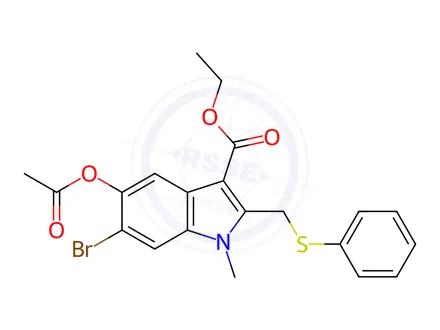 Chemical structure of Ethyl 5-acetoxy-6-bromo-1-methyl-2-(phenylthiomethyl)-1H-indole-3-carboxylate