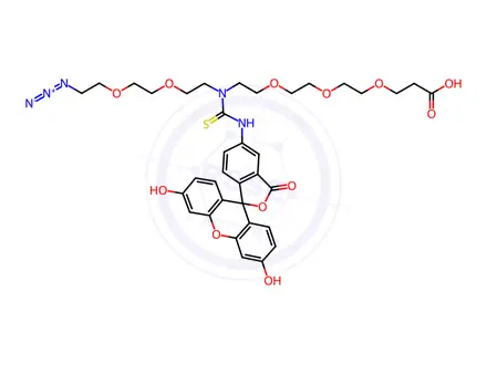 Chemical structure of 1-Azido-9-((3',6'-dihydroxy-3-oxo-3H-spiro[isobenzofuran-1,9'-xanthen]-5-yl)carbamothioyl)-3,6,12,15,18-pentaoxa-9-azahenicosan-21-oic acid