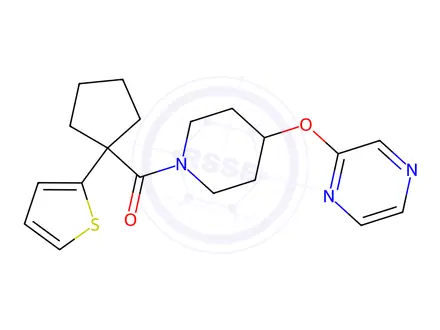 Chemical structure of (4-(Pyrazin-2-yloxy)piperidin-1-yl)(1-(thiophen-2-yl)cyclopentyl)methanone