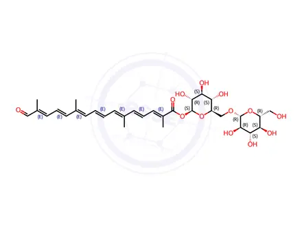 Chemical structure of (2S,3R,4S,5S,6R)-3,4,5-trihydroxy-6-((((2R,3R,4S,5S,6R)-3,4,5-trihydroxy-6-(hydroxymethyl)tetrahydro-2H-pyran-2-yl)oxy)methyl)tetrahydro-2H-pyran-2-yl (2E,4E,6E,8E,10E,12E,14E)-2,6,11,15-tetramethyl-16-oxohexadeca-2,4,6,8,10,12,14-heptaenoate