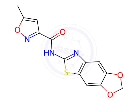 Chemical structure of N-([1,3]Dioxolo[4',5':4,5]benzo[1,2-d]thiazol-6-yl)-5-methylisoxazole-3-carboxamide