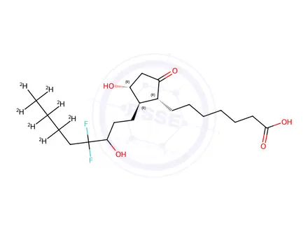 Chemical structure of 7-((1R,2R,3R)-2-(4,4-difluoro-3-hydroxyoctyl-6,6,7,7,8,8,8-d7)-3-hydroxy-5-oxocyclopentyl)heptanoic acid