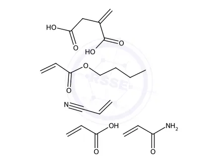 Chemical structure of Butanedioic acid, 2-methylene-, polymer with butyl 2-propenoate, 2-propenamide, 2-propenenitrile and 2-propenoic acid