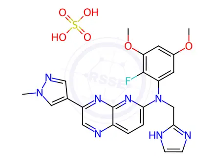 Chemical structure of N-(2-Fluoro-3,5-dimethoxyphenyl)-N-(1H-imidazol-2-ylmethyl)-3-(1-methyl-1H-pyrazol-4-yl)pyrido[2,3-b]pyrazin-6-amine, sulfate