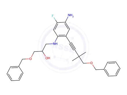 Chemical structure of (R)-1-((4-Amino-2-(4-(benzyloxy)-3,3-dimethylbut-1-yn-1-yl)-5-fluorophenyl)amino)-3-(benzyloxy)propan-2-ol