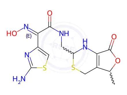 Chemical structure of (Z)-2-(2-Aminothiazol-4-yl)-2-(hydroxyimino)-N-{[(2RS,5RS)-5-methyl-7-oxo-2,4,5,7-tetrahydro-1H-furo[3,4-d][1,3]thiazin-2-yl]methyl}acetamide