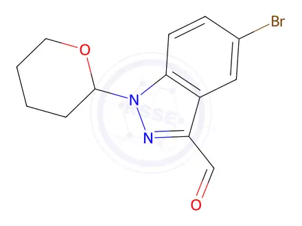 Chemical structure of 5-Bromo-1-(tetrahydro-2H-pyran-2-yl)-1H-indazole-3-carbaldehyde