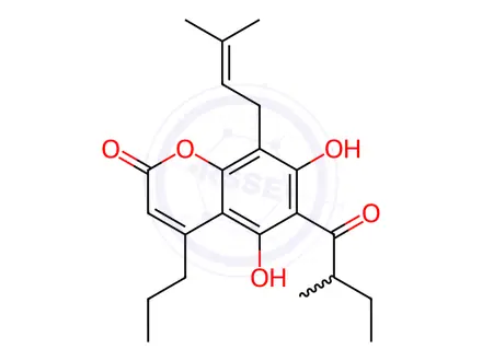 Chemical structure of 5,7-Dihydroxy-8-(3-methyl-2-butenyl)-6-(2-methyl-1-oxobutyl)-4-propyl-2H-1-benzopyran-2-one