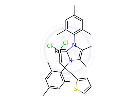 Chemical structure of Tricyclohexylphosphine[4,5-dimethyl-1,3-bis(2,4,6-trimethylphenyl)imidazol-2-ylidene][2-thienylmethylene] ruthenium(II) dichloride, min. 95%