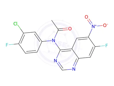 Chemical structure of N-(3-Chloro-4-fluorophenyl)-N-(7-fluoro-6-nitroquinazolin-4-yl)acetamide