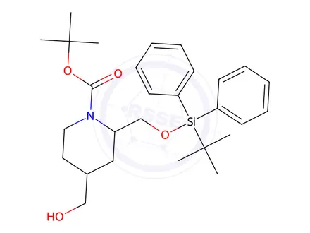 Chemical structure of Tert-butyl 2-(((tert-butyldiphenylsilyl)oxy)methyl)-4-(hydroxymethyl)piperidine-1-carboxylate