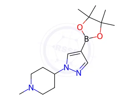 Chemical structure of 1-Methyl-4-[4-(4,4,5,5-tetramethyl-[1,3,2]dioxaborolan-2-yl)pyrazol-1-yl]piperidine