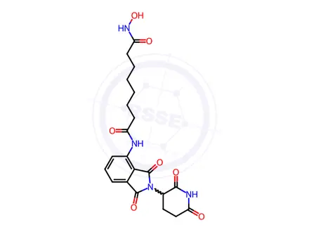 Chemical structure of N-[2-(2,6-dioxo-3-piperidyl)-1,3-dioxo-isoindolin-4-yl]-8-(hydroxyamino)-8-oxo-octanamide