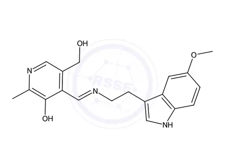 Chemical structure of 5-(Hydroxymethyl)-4-(((2-(5-methoxy-1H-indol-3-yl)ethyl)imino)methyl)-2-methylpyridin-3-ol