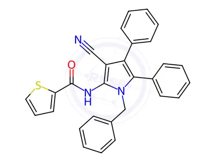 Chemical structure of N-(1-Benzyl-3-cyano-4,5-diphenyl-1H-pyrrol-2-yl)thiophene-2-carboxamide