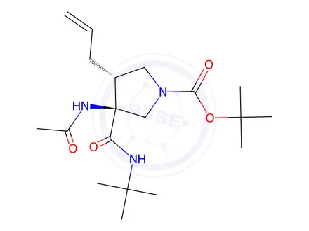Chemical structure of Tert-butyl (3S,4R)-3-acetamido-4-allyl-3-(tert-butylcarbamoyl)pyrrolidine-1-carboxylate