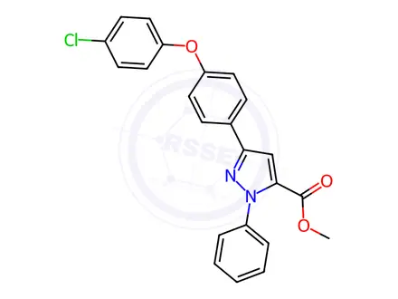 Chemical structure of JR-2984, Methyl 3-(4-(4-chlorophenoxy)phenyl)-1-phenyl-1H-pyrazole-5-carboxylate, 97%