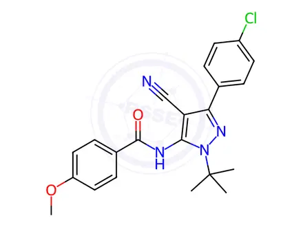Chemical structure of N-(1-(tert-butyl)-3-(4-chlorophenyl)-4-cyano-1H-pyrazol-5-yl)-4-methoxybenzamide