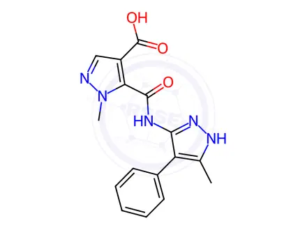 Chemical structure of 1-Methyl-5-[[(5-methyl-4-phenyl-1H-pyrazol-3-yl)amino]carbonyl]-1H-pyrazole-4-carboxylic Acid