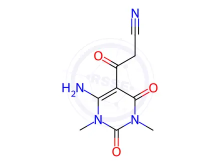 Chemical structure of 6-Amino-1,2,3,4-tetrahydro-1,3-dimethyl-β,2,4-trioxo-5-pyrimidinepropanenitrile