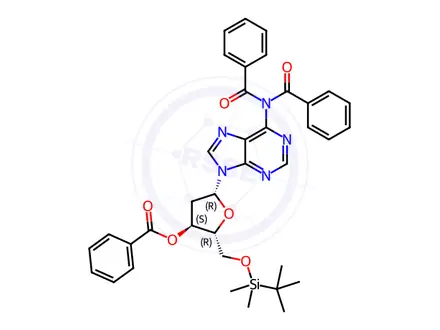 Chemical structure of O5'-tert-butyldimethylsilyl-N6,N6,O3'-tribenzoyl-2'-deoxyadenosine