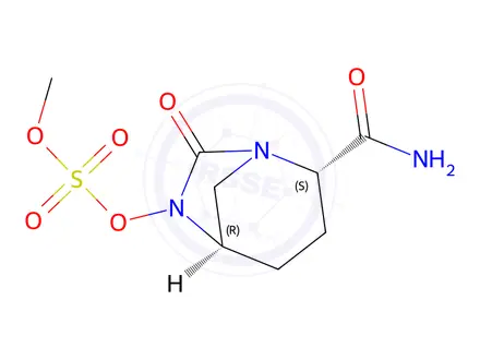Chemical structure of (2S,5R)-2-carbamoyl-7-oxo-1,6-diazabicyclo[3.2.1]octan-6-yl methyl sulfate