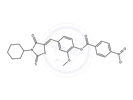 Chemical structure of 4-((3-Cyclohexyl-4-oxo-2-thioxothiazolidin-5-ylidene)methyl)-2-methoxyphenyl 4-nitrobenzoate