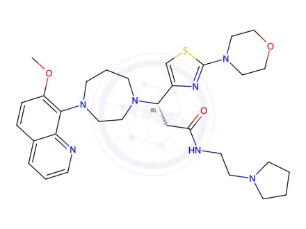 Chemical structure of (S)-3-(4-(7-Methoxyquinolin-8-yl)-1,4-diazepan-1-yl)-3-(2-morpholinothiazol-4-yl)-N-(2-(pyrrolidin-1-yl)ethyl)propanamide