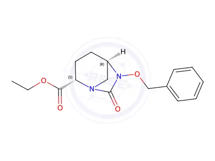 Chemical structure of 1,6-Diazabicyclo[3.2.1]octane-2-carboxylic acid, 7-oxo-6-(phenylmethoxy)-, ethyl ester, (1R,2S,5R)-