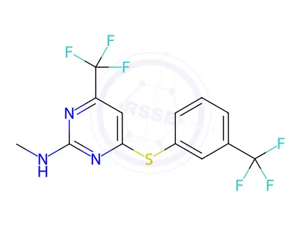 Chemical structure of N-methyl-4-(trifluoromethyl)-6-((3-(trifluoromethyl)phenyl)thio)pyrimidin-2-amine