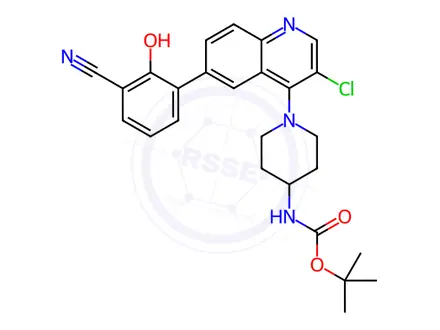 Chemical structure of tert-butyl (1-(3-chloro-6-(3-cyano-2-hydroxyphenyl)quinolin-4-yl)piperidin-4-yl)carbamate