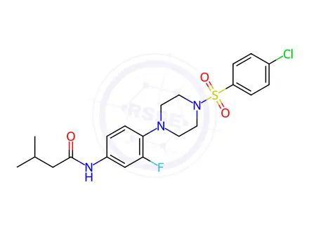 Chemical structure of N-(4-(4-((4-chlorophenyl)sulfonyl)piperazin-1-yl)-3-fluorophenyl)-3-methylbutanamide