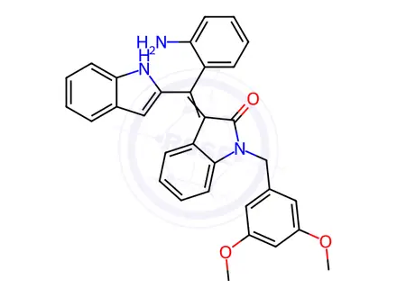 Chemical structure of (Z)-3-((2-Aminophenyl)(1H-indol-2-yl)methylene)-1-(3,5-dimethoxybenzyl)indolin-2-one