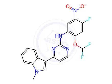 Chemical structure of N-(2-(difluoromethoxy)-4-fluoro-5-nitrophenyl)-4-(1-methyl-1H-indol-3-yl)pyrimidin-2-amine