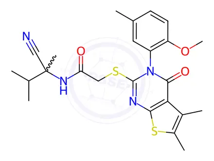 Chemical structure of N-(2-Cyano-3-methylbutan-2-yl)-2-((3-(2-methoxy-5-methylphenyl)-5,6-dimethyl-4-oxo-3,4-dihydrothieno[2,3-d]pyrimidin-2-yl)thio)acetamide