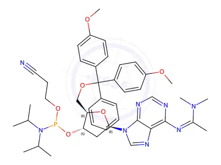 Chemical structure of (2R,3S,5R)-2-((Bis(4-methoxyphenyl)(phenyl)methoxy)methyl)-5-(6-((1-(dimethylamino)ethylidene)amino)-9H-purin-9-yl)tetrahydrofuran-3-yl (2-cyanoethyl) diisopropylphosphoramidite