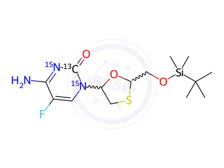 Chemical structure of 4-Amino-1-((2R,5S)-2-((tert-butyldimethylsilyloxy)methyl)-1,3-oxathiolan-5-yl)-5-fluoropyrimidin-2(1H)-one-13C,15N2