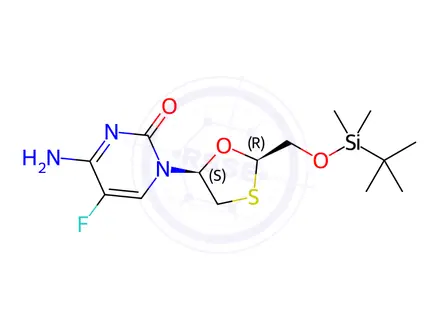 Chemical structure of 4-Amino-1-((2R,5S)-2-((tert-butyldimethylsilyloxy)methyl)-1,3-oxathiolan-5-yl)-5-fluoropyrimidin-2(1H)-one