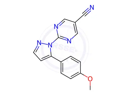 Chemical structure of 2-(5-(4-Methoxyphenyl)-1H-pyrazol-1-yl)pyrimidine-5-carbonitrile