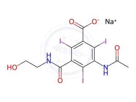 Chemical structure of 3-acetamido-5-(2-hydroxyethylcarbamoyl)-2,4,6-triiodo-benzoic acid